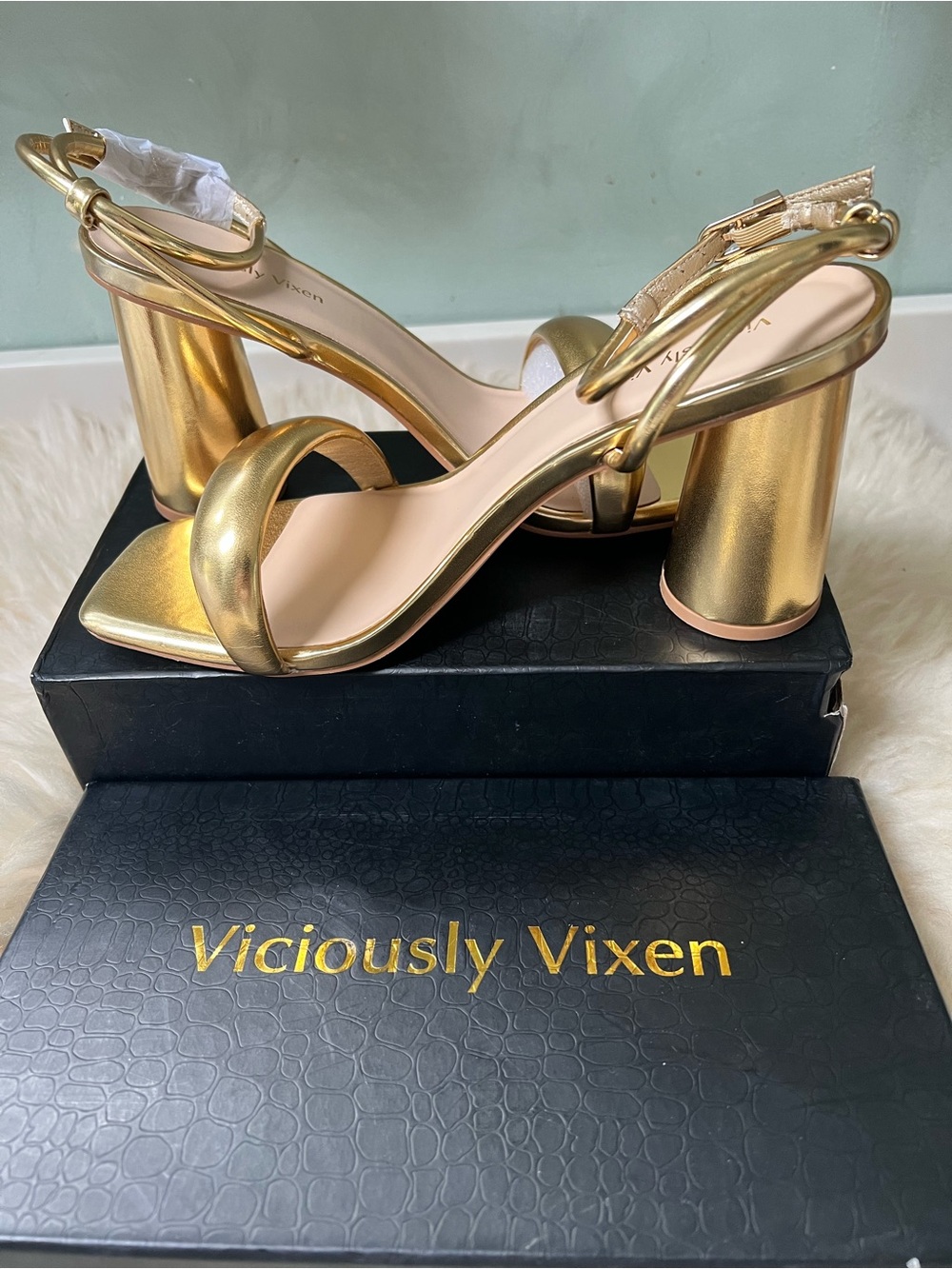 Gold Metallic Slingback Block Heel Sandals